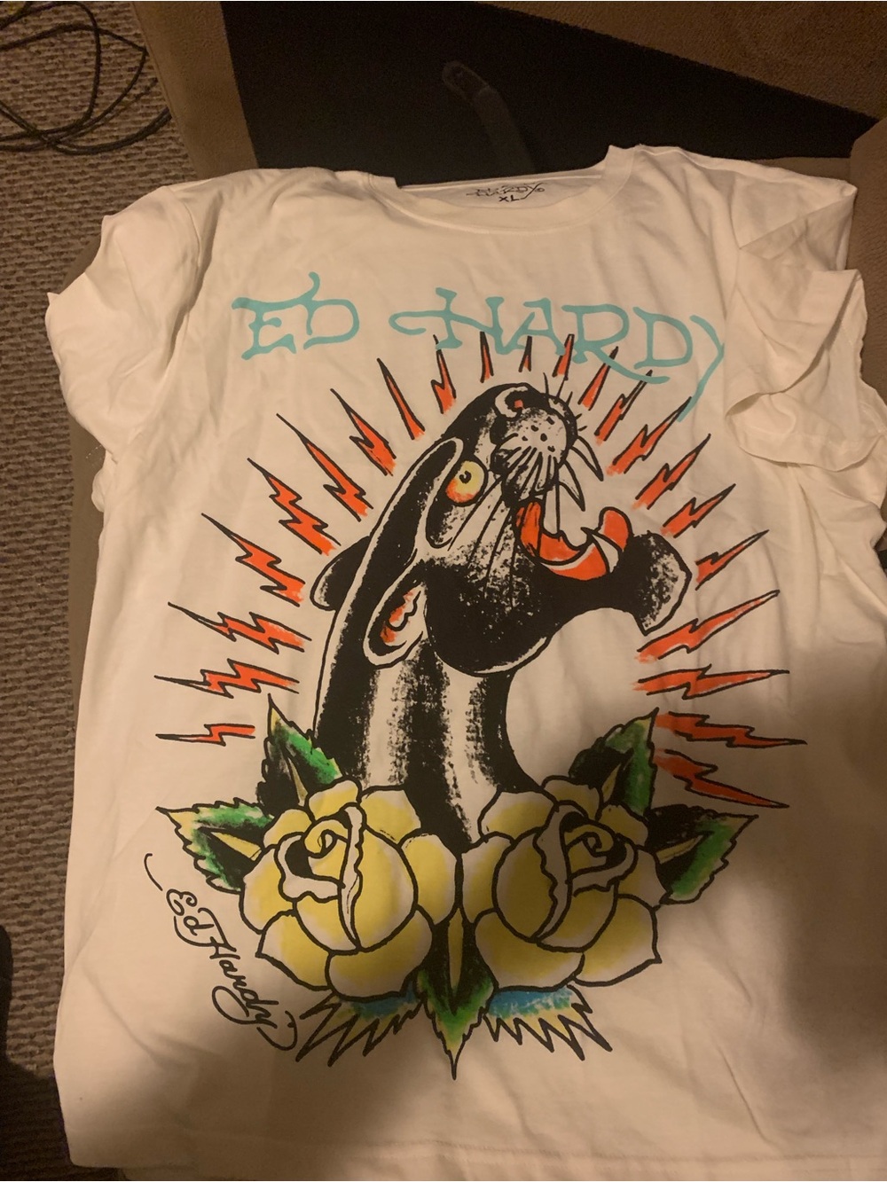 Ed Hardy White Tee with Black Panther, Yellow Roses and Turquoise Logo